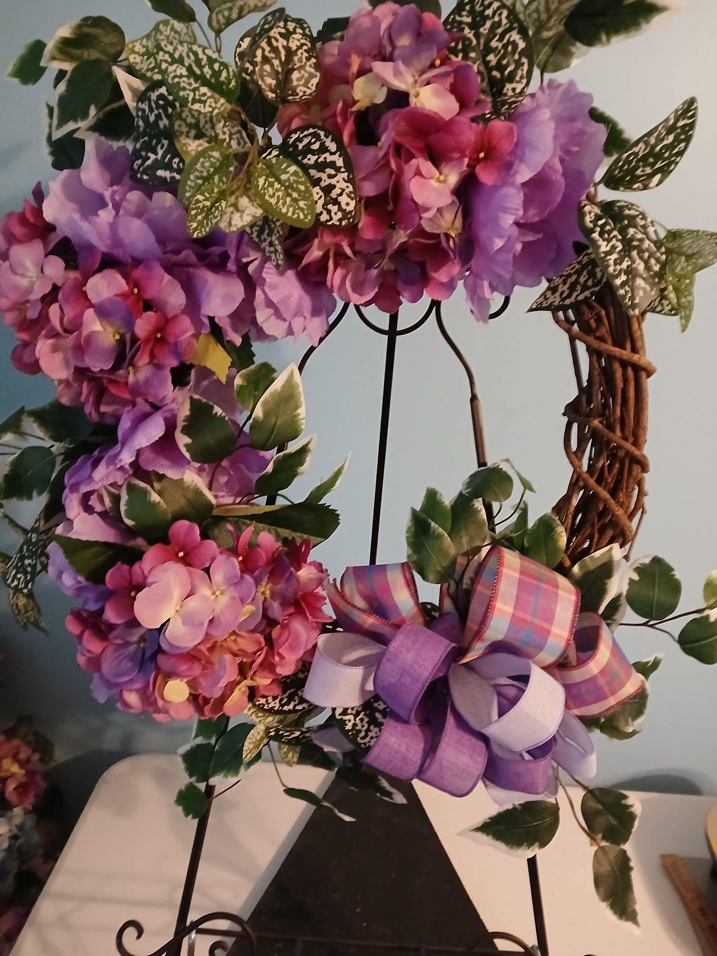 18" Grapevine Spring Wreath – Handmade Bow & Greenery Hydrangeas