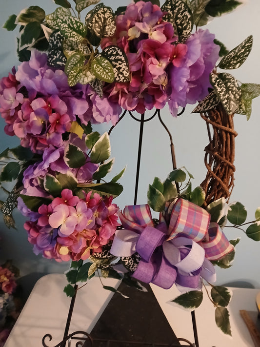 18" Grapevine Spring Wreath – Handmade Bow & Greenery Hydrangeas