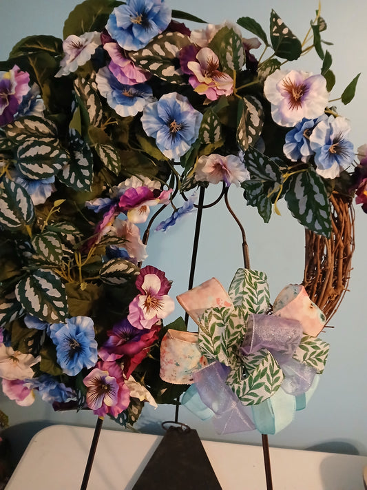 18" Grapevine Spring Wreath – Handmade Bow & Assorted Pansies