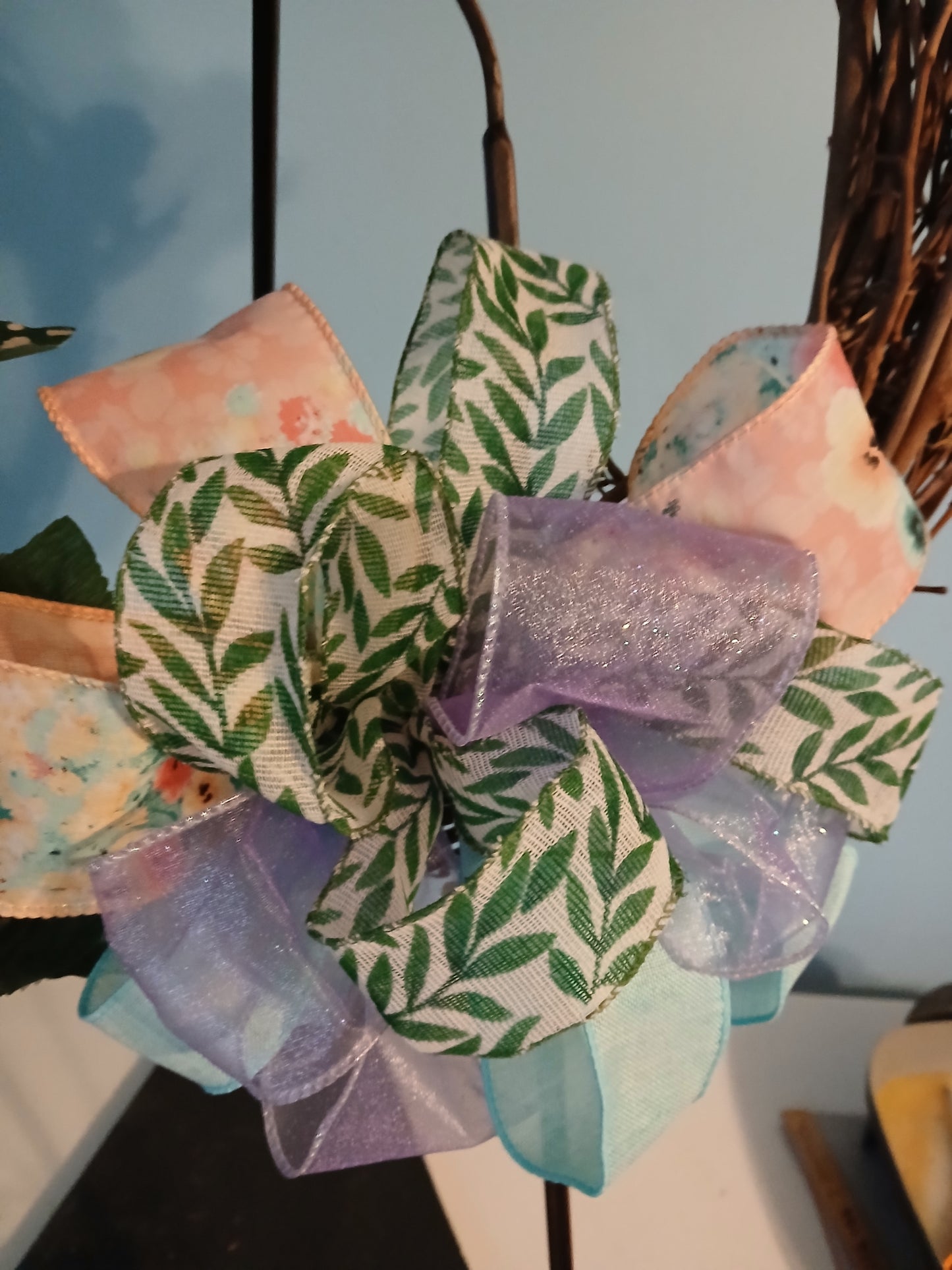 18" Grapevine Spring Wreath – Handmade Bow & Assorted Pansies