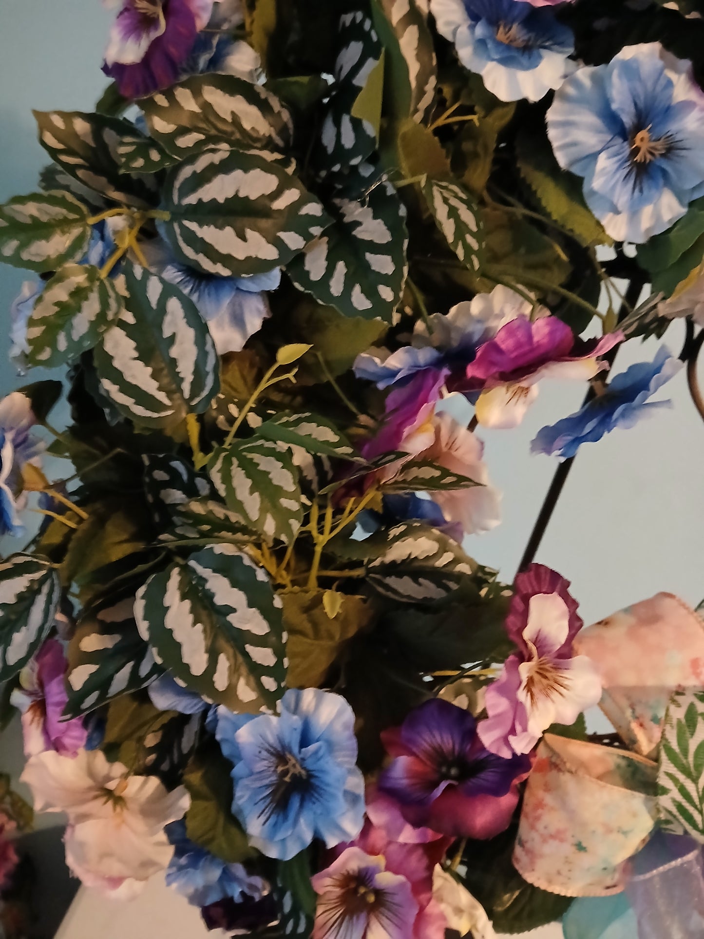 18" Grapevine Spring Wreath – Handmade Bow & Assorted Pansies