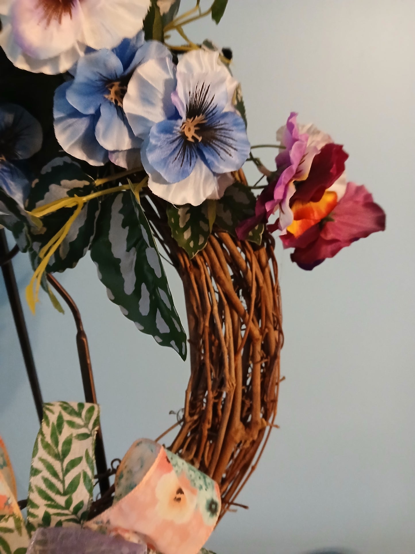 18" Grapevine Spring Wreath – Handmade Bow & Assorted Pansies