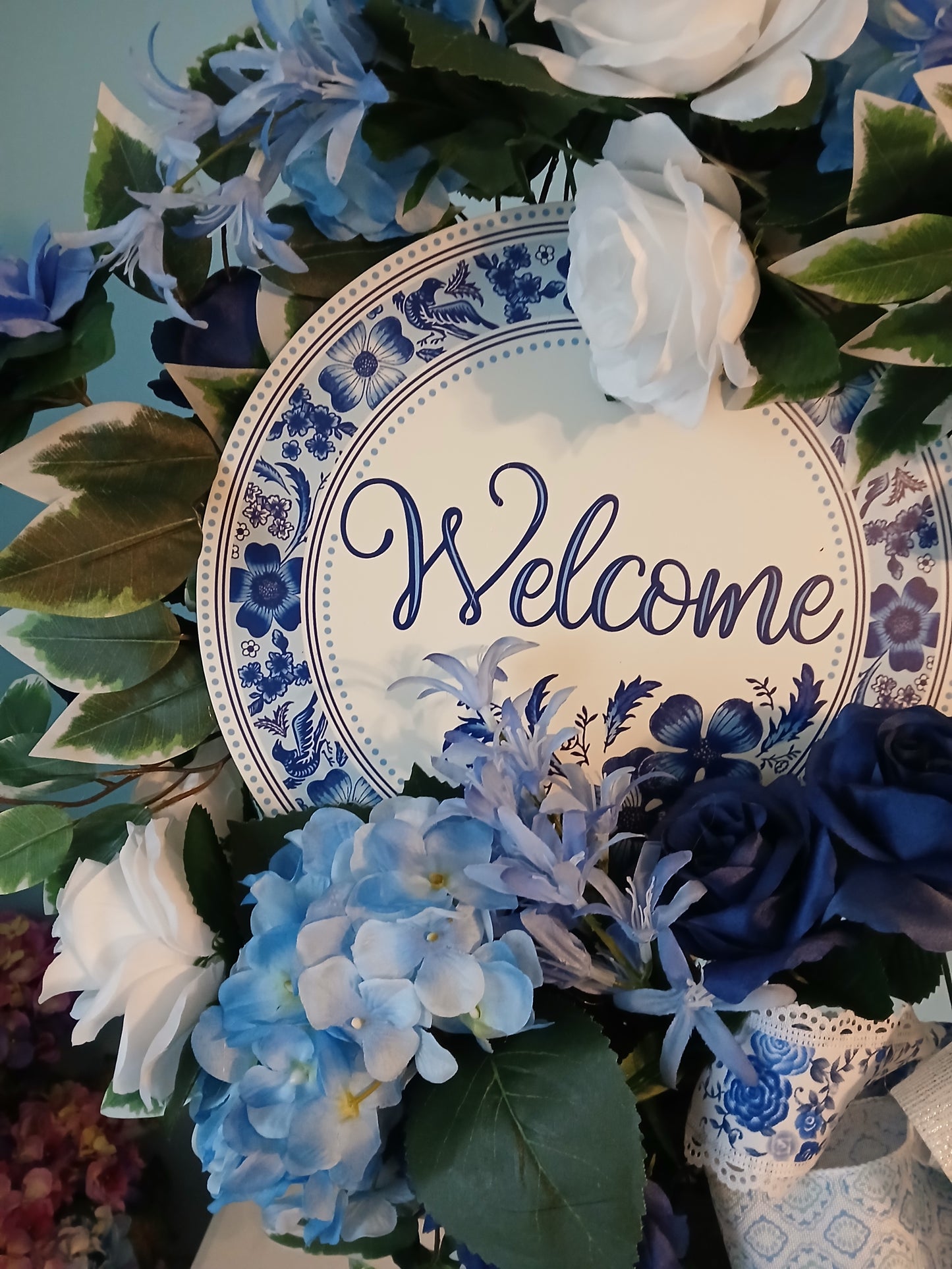 18" Grapevine Spring Wreath – Blue & White Flowers with Welcome Sign