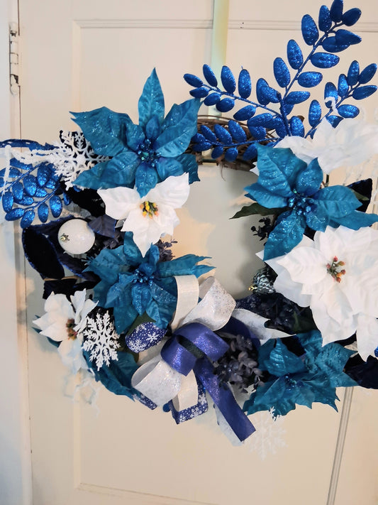 Blue & White Poinsettia Christmas Wreath – Handmade Holiday Door Wreath with Snowflakes & Glitter Accents