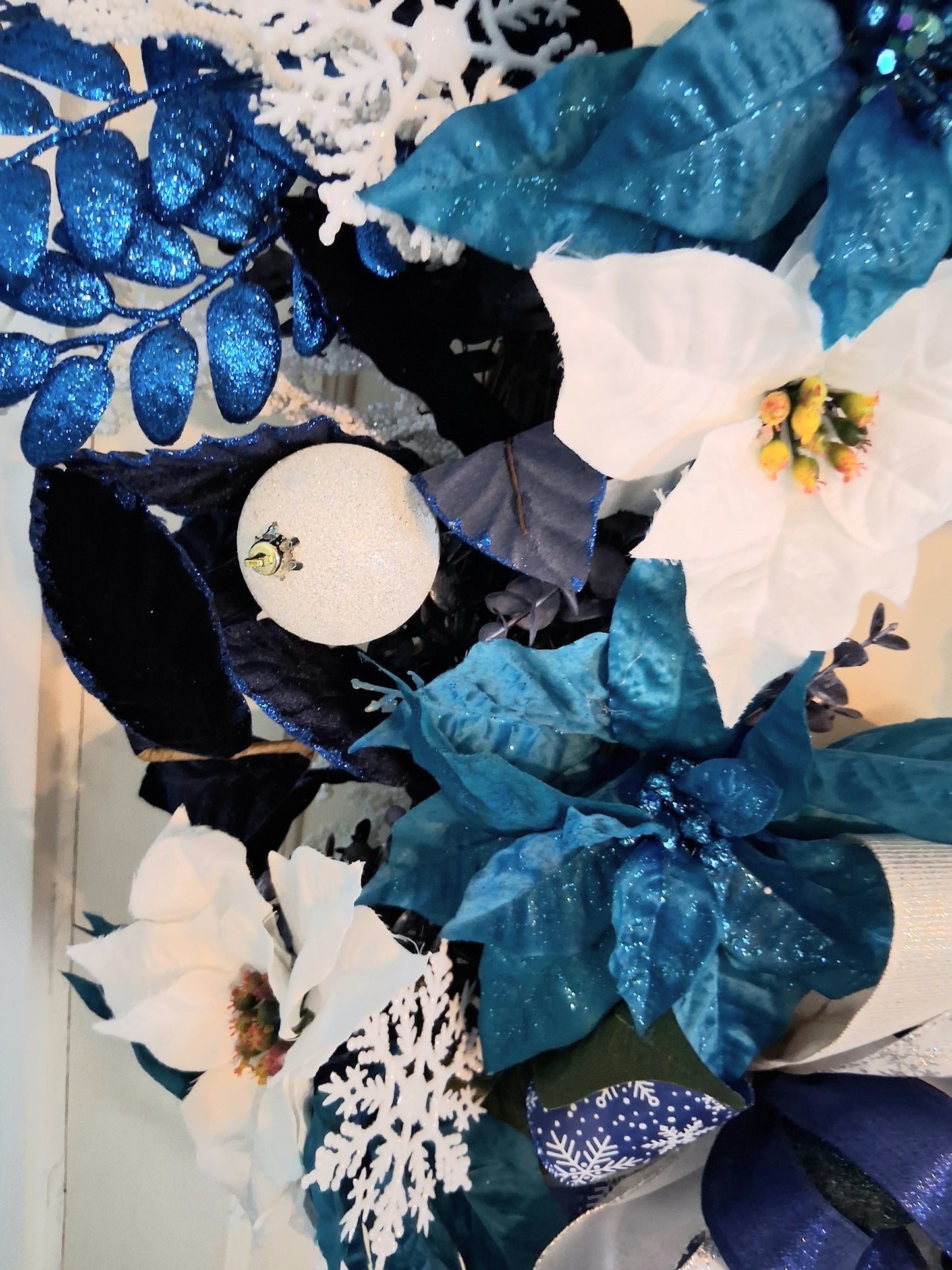 Blue & White Poinsettia Christmas Wreath – Handmade Holiday Door Wreath with Snowflakes & Glitter Accents