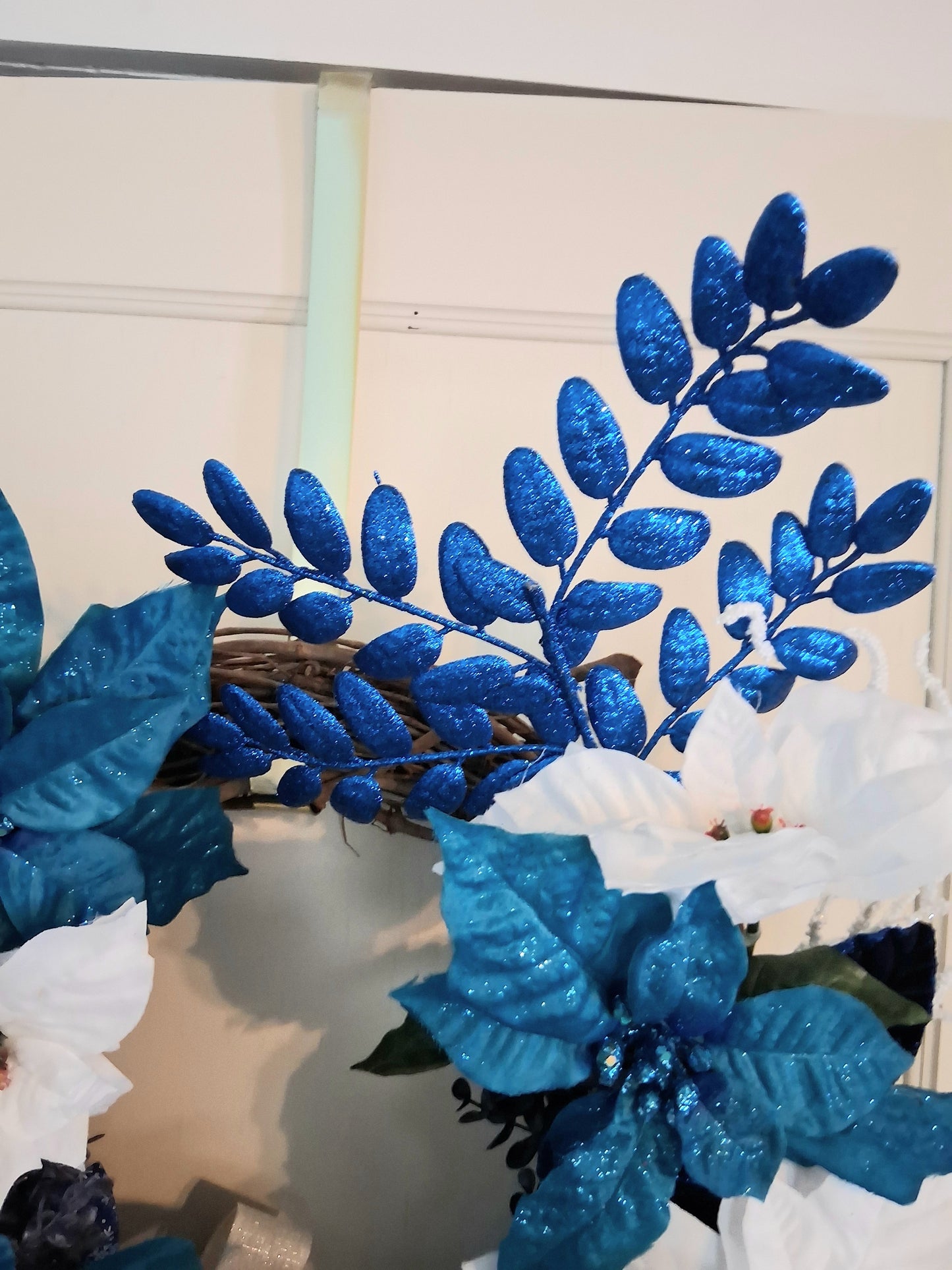 Blue & White Poinsettia Christmas Wreath – Handmade Holiday Door Wreath with Snowflakes & Glitter Accents