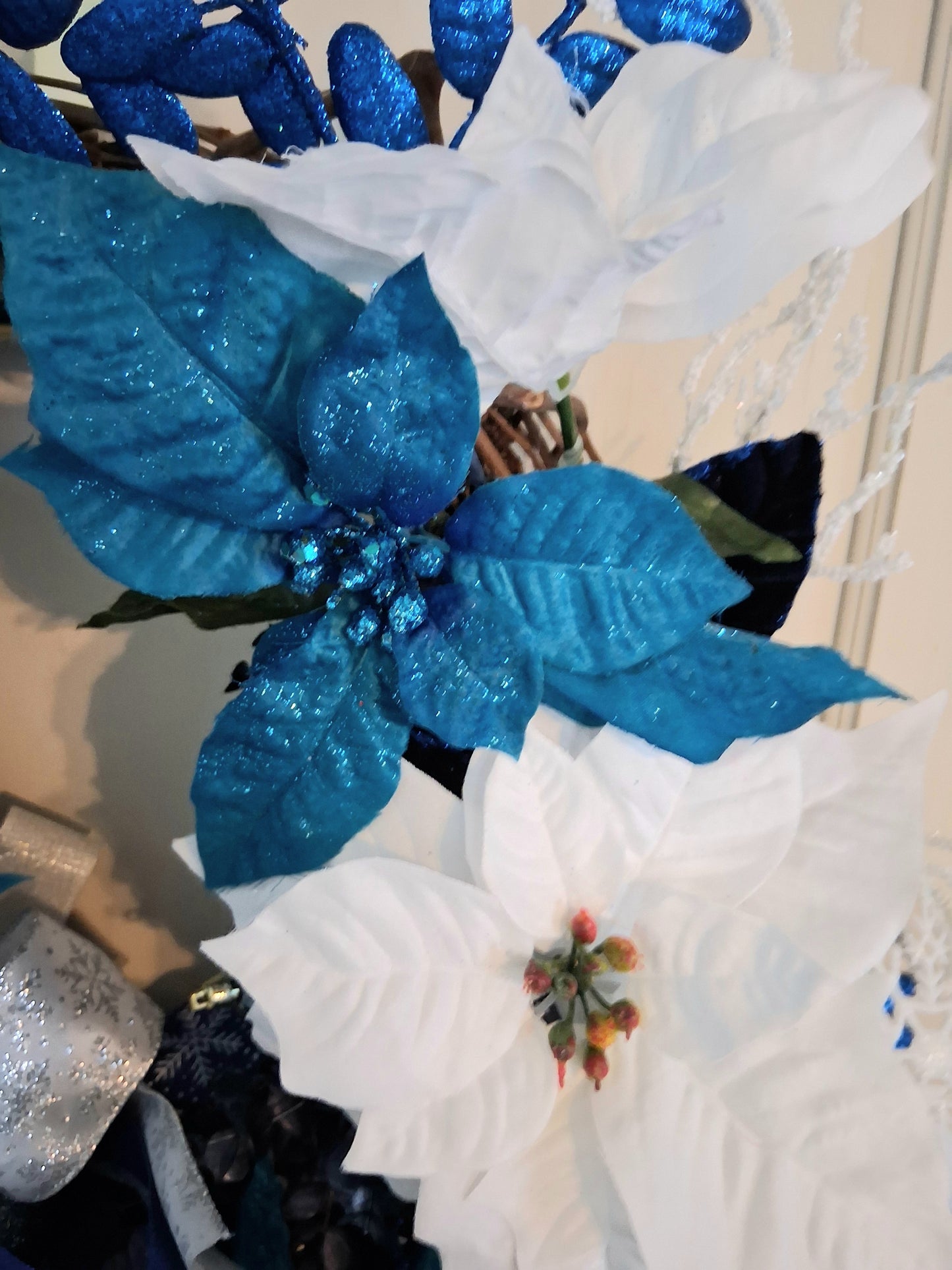 Blue & White Poinsettia Christmas Wreath – Handmade Holiday Door Wreath with Snowflakes & Glitter Accents