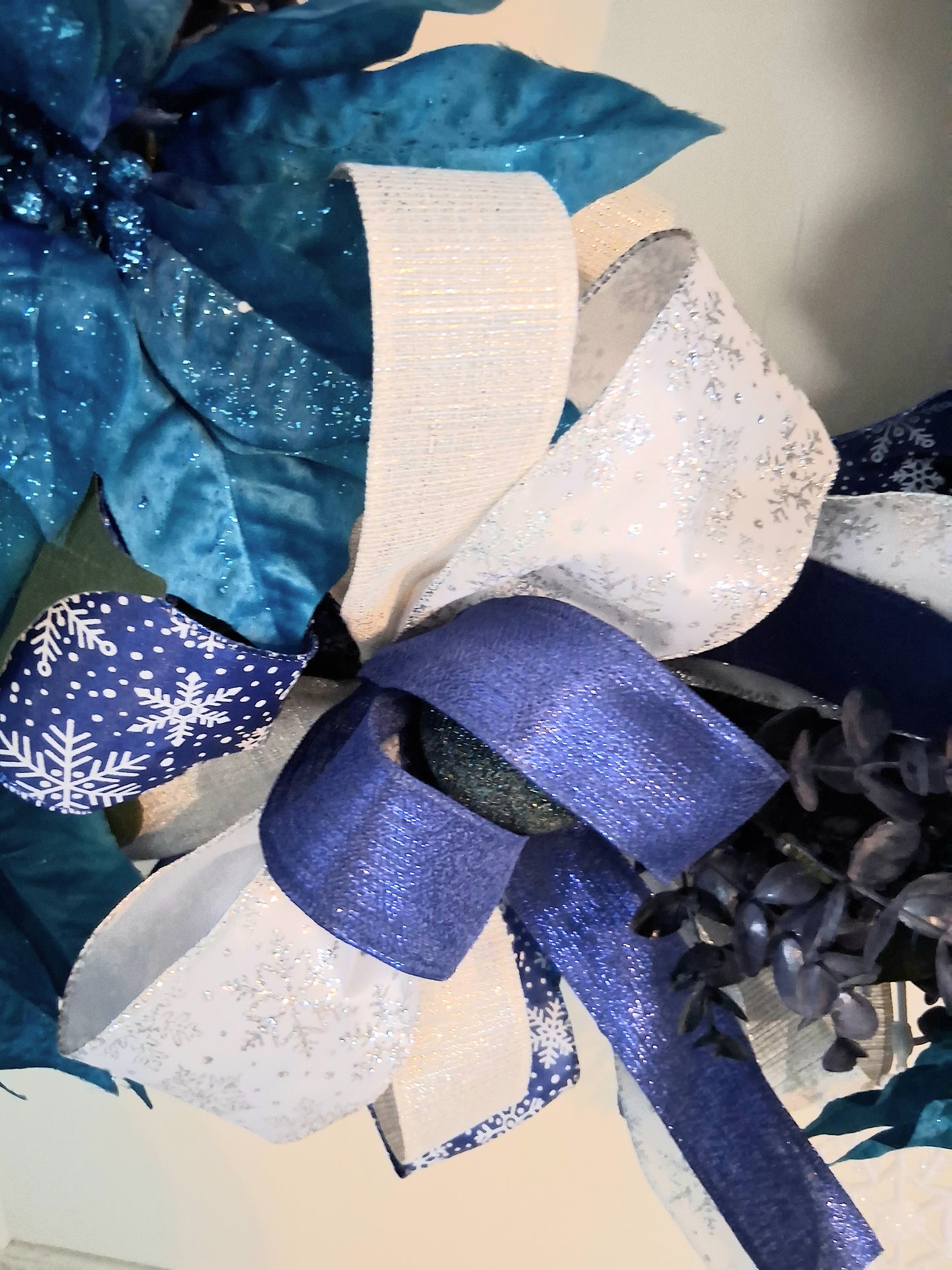 Blue & White Poinsettia Christmas Wreath – Handmade Holiday Door Wreath with Snowflakes & Glitter Accents