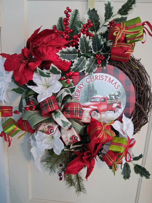 Merry Christmas Red Truck Wreath – Handmade Holiday Door Wreath with Poinsettias, Holly & Gift Boxes