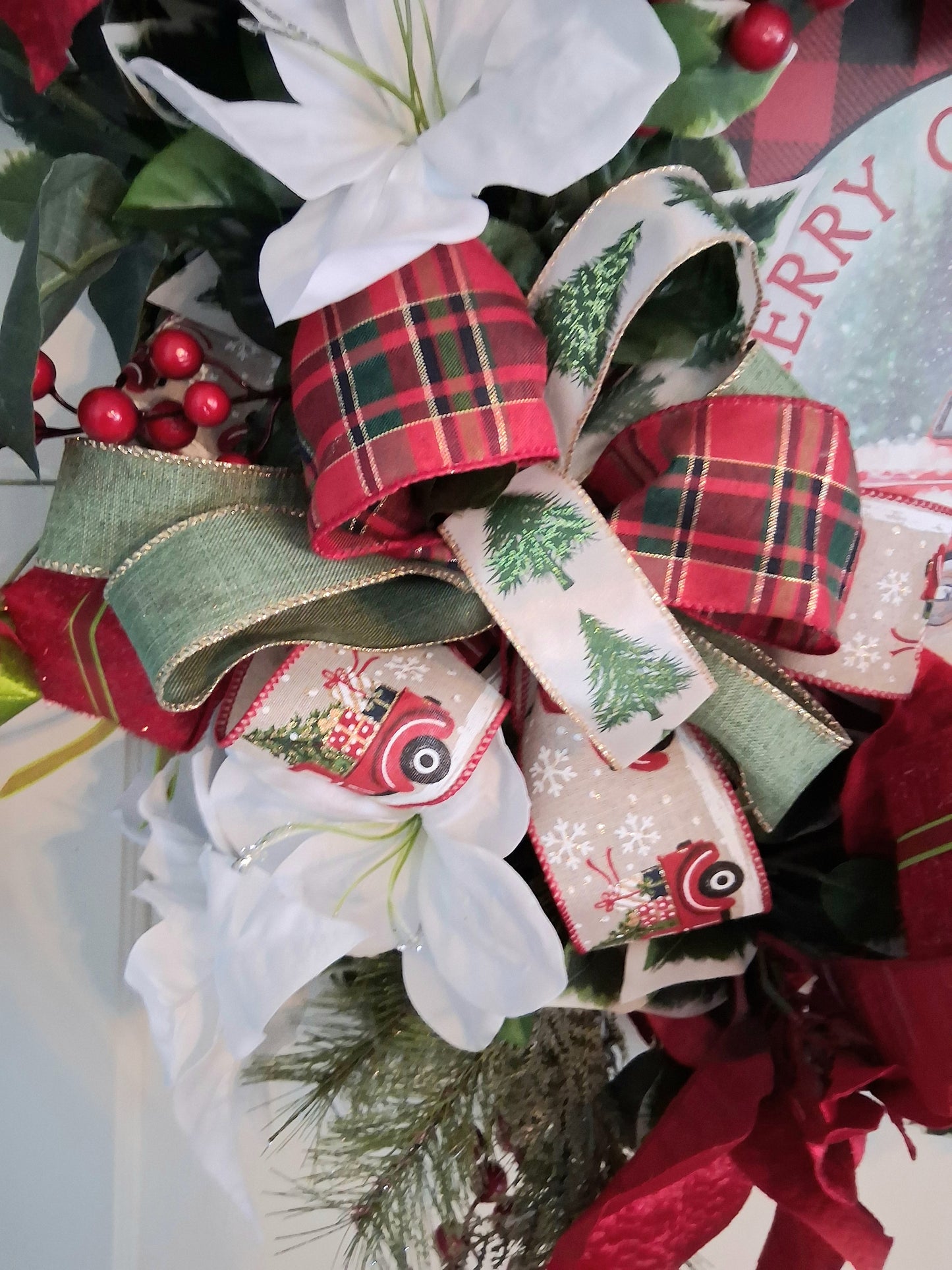 Merry Christmas Red Truck Wreath – Handmade Holiday Door Wreath with Poinsettias, Holly & Gift Boxes