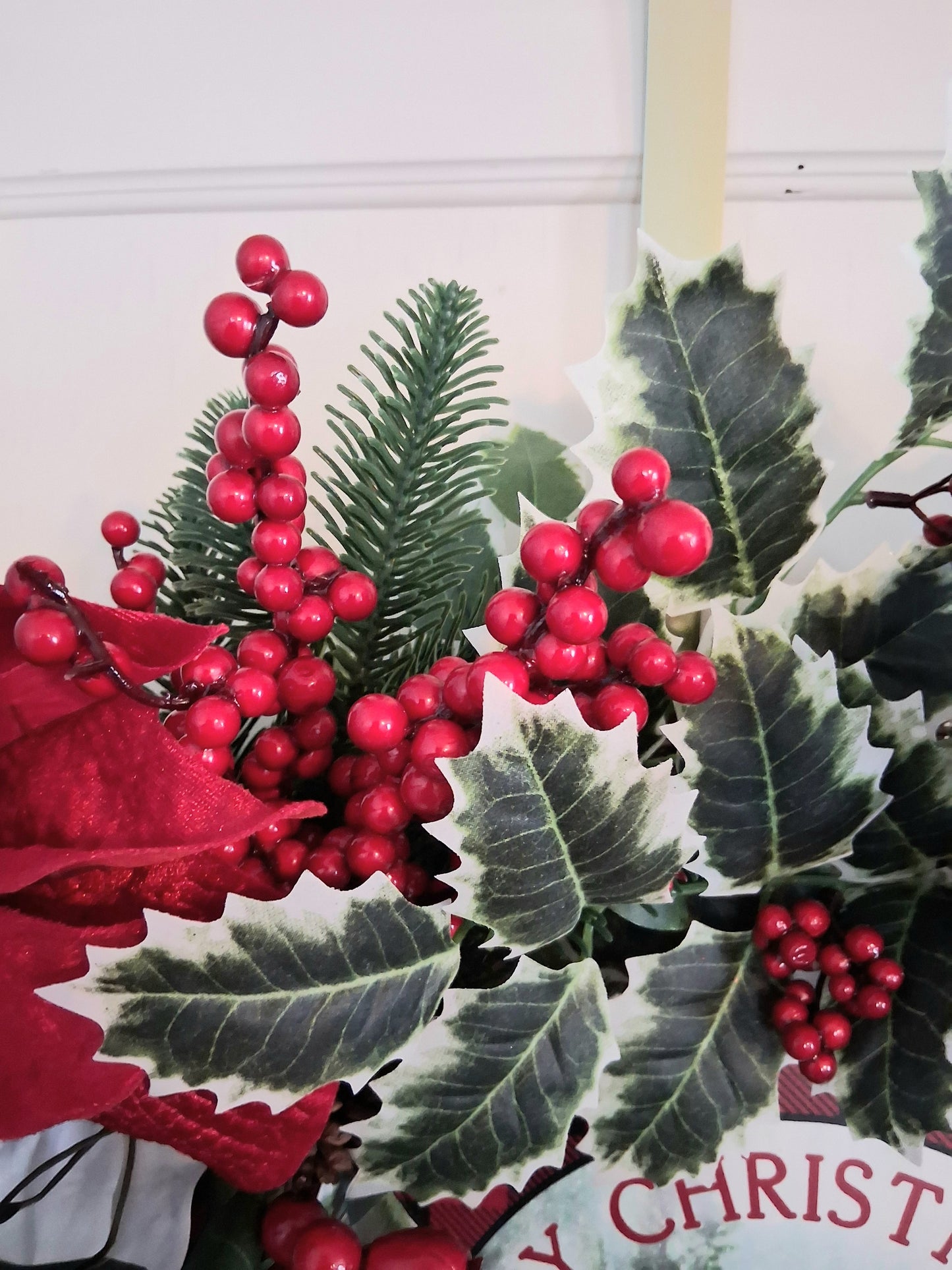 Merry Christmas Red Truck Wreath – Handmade Holiday Door Wreath with Poinsettias, Holly & Gift Boxes