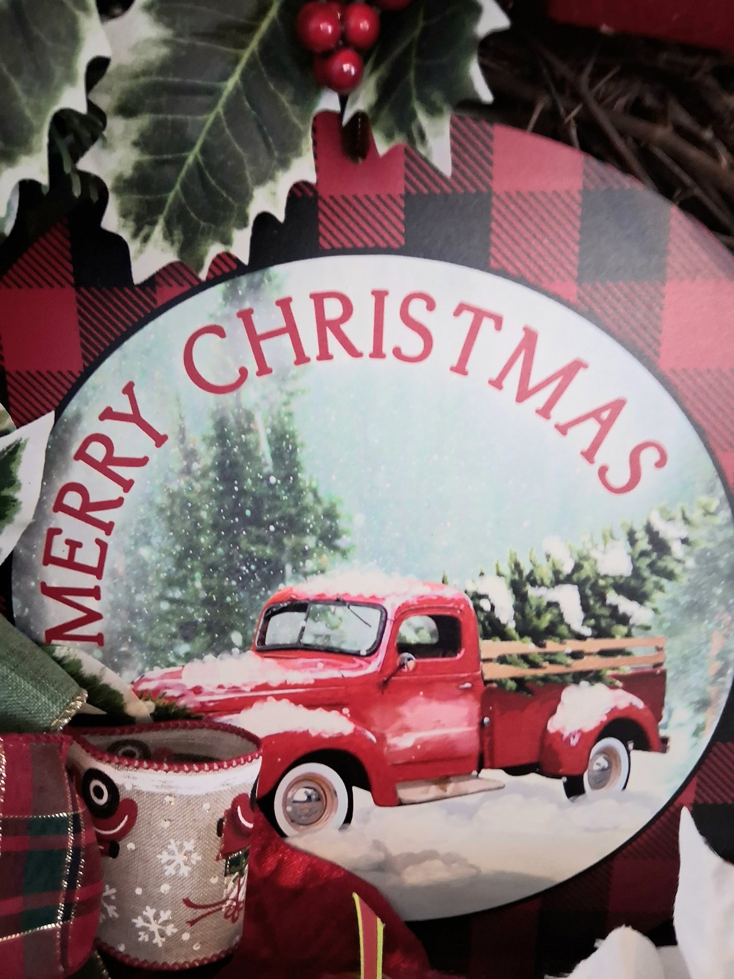 Merry Christmas Red Truck Wreath – Handmade Holiday Door Wreath with Poinsettias, Holly & Gift Boxes